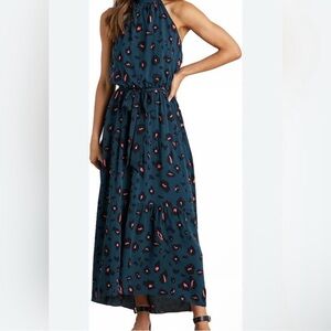 Elegant Halter Maxi Dress in Blue and Pink